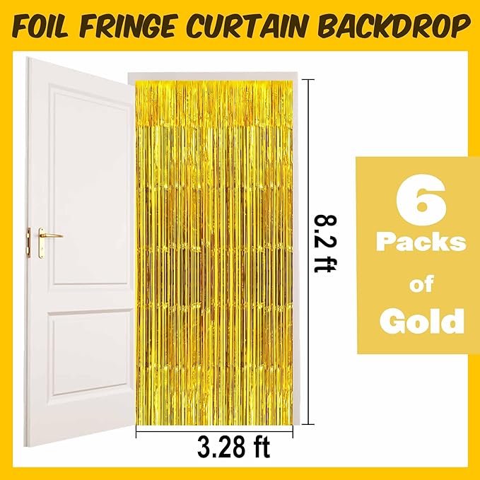 6 Pack Gold Foil Fringe Curtains Backdrop, 3.28 x 8.2 Ft Metallic Streamers Tinsel Curtains Background for Photo Booth, Birthday, Weddings, Carnivals, Graduation, Themed Party Decorations
