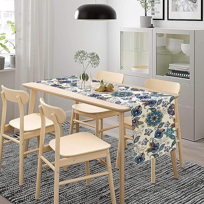 Oriental Paisley Table Runner, Luxury Vintage Blue Teal Floral Butterflies Print Table Runner for Home Dining Kitchen Coffee Table Party Decor, 13x36inch