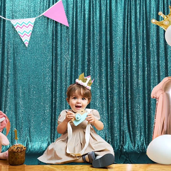 SquarePie Sequin Backdrop Curtain Not See Through Thick Glitter Background for Party 10FT x 10FT Teal