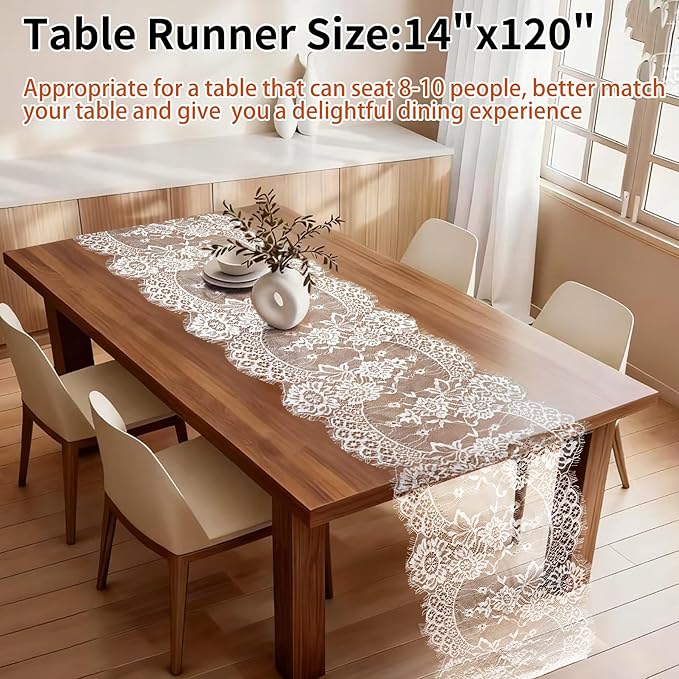 HAIBAS 6 Pcs White Lace Table Runners 14 x 120 Inch Boho Rose Embroidered Floral Vintage Rustic Table Decoration for Wedding Party Bridal Shower Decorations