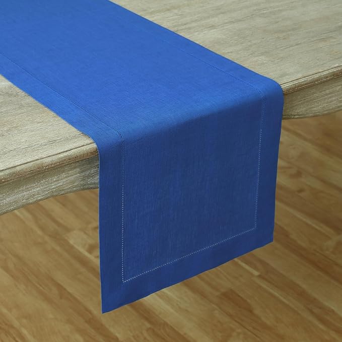 Solino Home Linen Royal Blue Table Runner 72 Inches Long - 100% Pure Linen Hemstitch Table Runner 14 x 72 Inch for Dresser, Dining, Christmas - Classic Hemstitch
