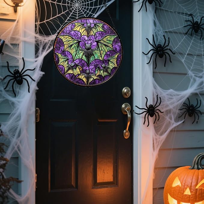 Stained Glass Window Hanging - Halloween Decorations Bats Suncatcher for Doors Garden Indoor Spooky Funny Purple Sun Catchers Gothic Decor Horror Gifts for Women Men Friend 9.8 in