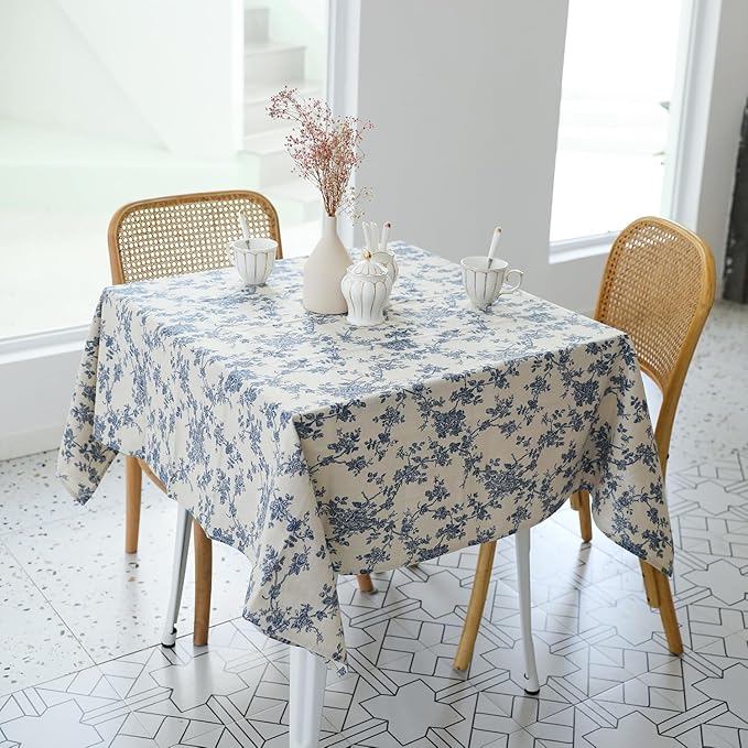 Pastoral Square Tablecloth - 40 x 40 Inch - Beige Linen Table Cloth - Washable Table Cover with Dust-Proof Wrinkle Resistant for Restaurant, Picnic, Indoor and Outdoor Dining, Floral (Dark Blue)