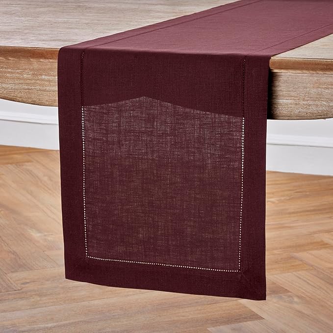 Solino Home Linen Table Runner 36 Inches - 100% Pure Linen Burgundy Hemstitch Table Runner 14 x 36 Inch Ideal for Dresser and Coffee Tables - Fall, Autumn, Thanksgiving, Holiday - Classic Hemstitch