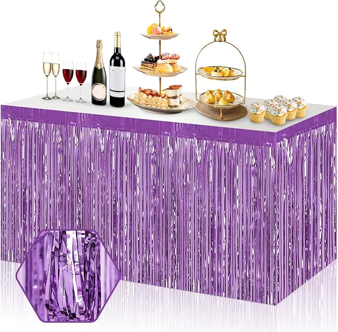 3 Pack 29x108 Inch Light Purple Foil Fringe Table Skirts Metallic Banner for Tinsel Streamer Garland Backdrop for Parade Floats Wedding Thanksgiving Birthday Christmas Halloween Party Decoration