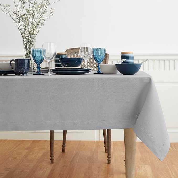 Solino Home Soft Grey Linen Tablecloth 60 x 90 Inch - 100% Pure Linen Table Cloth for Rectangle Tables - Fete, Machine Washable Tablecloth for Fall, Autumn, Thanksgiving, Christmas