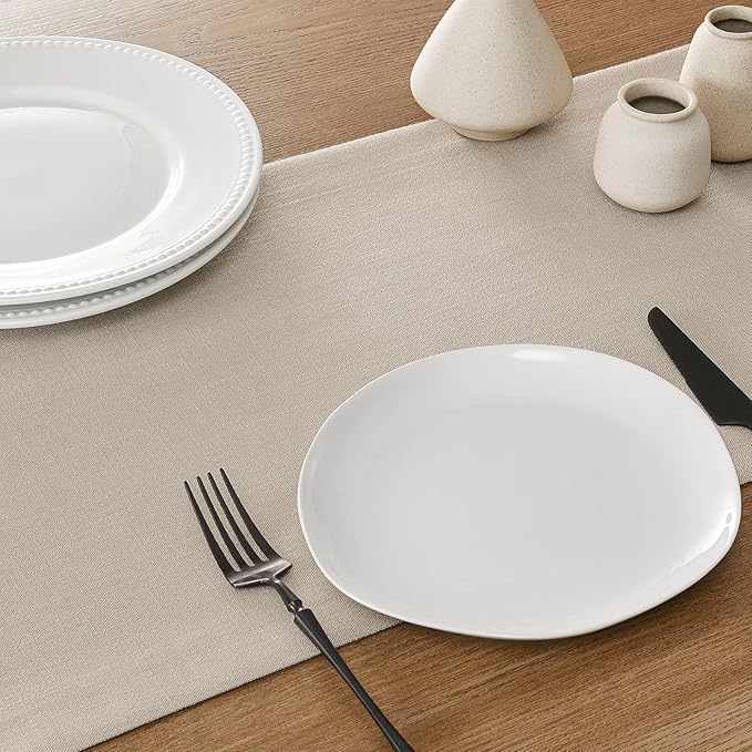 ZeeMart Linen Textured Border Table Runner, 14 x 90 Inch Natural, Farmhouse Style Neutral Table Runners 90 Inches Long, Easy Care Everyday Polyester Table Runner