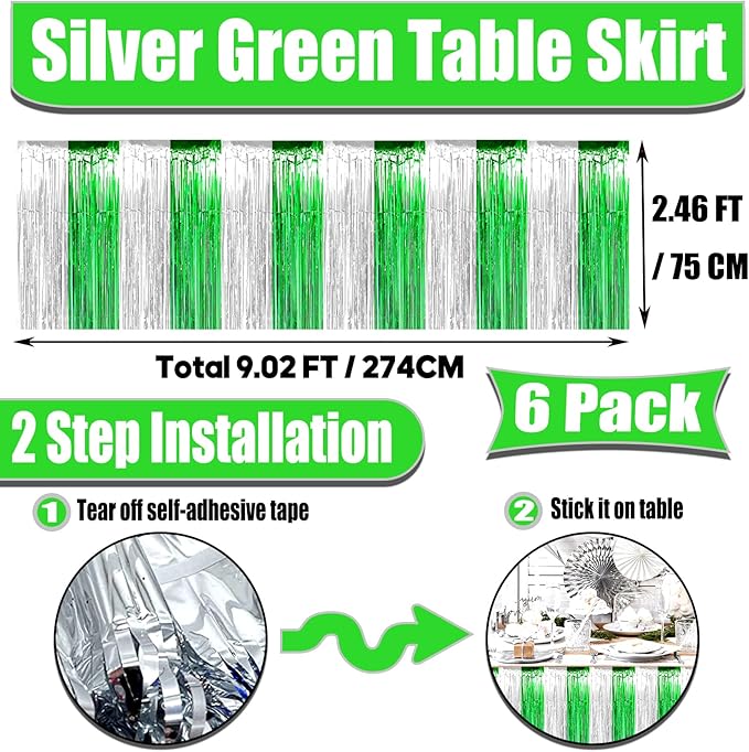 6 Pack 29x108 Inch Silver Green Metallic Foil Fringe Tinsel Table Skirts for Rectangle Tables Streamer Curtains Backdrop for Birthday, Parade Floats, Mardi Gras, St Patrick Day Party Decoration