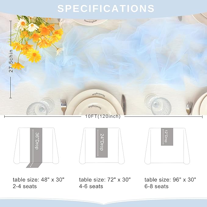 Snowkingdom Light Blue Cheesecloth Table Runner 10FT, Baby Blue Sheer Tulle Gauze Runner 120 Inch, Rustic Boho Party Table Decoration for Wedding Bridal Baby Shower Birthday Christmas Winter Holiday