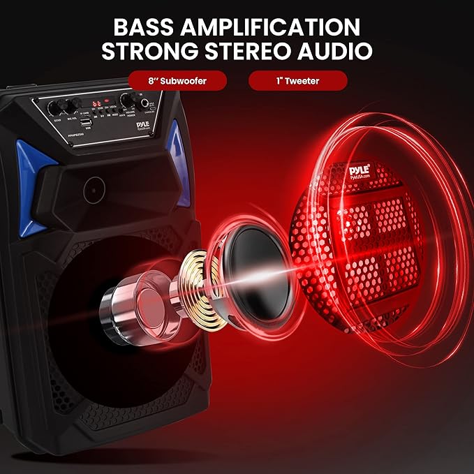 Pyle Bluetooth PA Speaker & Microphone System - Portable Karaoke Speaker with Wired Mic, Built-in LED Party Lights, FM Radio, MP3/USB/Micro SD Readers, Speaker Stand (8’’ Subwoofer, 400 Watt MAX)
