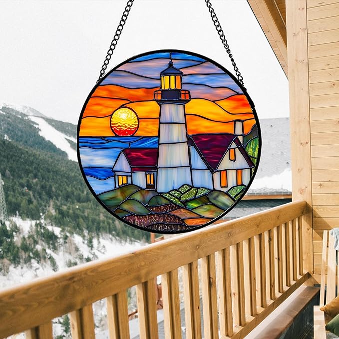 Stained Glass Window Hanging - Sea Lighthouse Suncatcher for Door Terrace Garden Home Decor Sunset Beach Scenery Sun Catcher Birthday Gifts for Lovers Women Men Dad Mom Nana 9.8 in