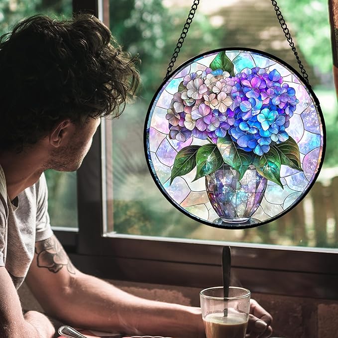 Stained Glass Window Hanging, Blue Purple Hydrangea Flowerpot Suncatcher for Doors Home Sun Catchers Decoration and Christmas, Mother's Day Birthday Gifts for Women, Men, and Mom 11.8 in