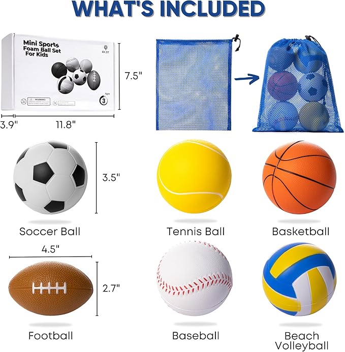 Set Of 6 Mini Sports Foam Balls for Kids, Toddler Ball Toys, Foam Football, Toddler Football, Indoor Baby Soccer, Kids Mini Basketball, Soft Baseball, Volleyball, Small Playground Balls, Baby Ball Toy