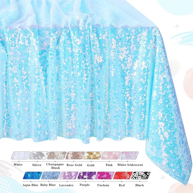 QueenDream Iridescent Tablecloth Blue Sequin Table Cloth Overlay Glitter Mermaid Birthday Party Decorations 90x132 Inches