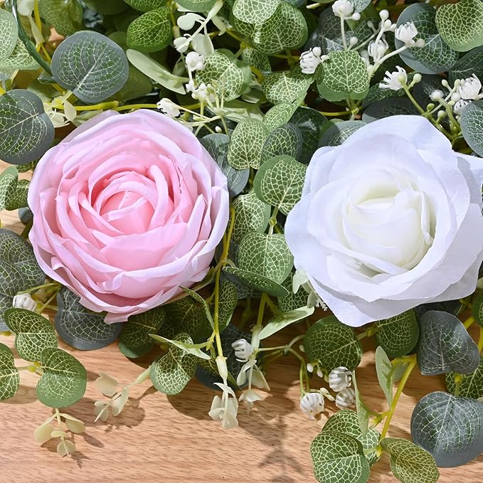 Waipfaru 2Pack 6.07FT Artificial Eucalyptus Garland with Flowers, Fake Rose Gypsophila Floral Garland, Floral Vines for Wedding Table Backdrop Party Centerpiece Room Decor