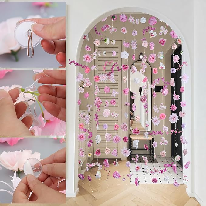 Flower Garlands 12pcs 82.6ft Artificial Hanging Flowers Faux Floral Vines Wildflower Wall Backdrop for Wedding, Party, Events, Home Ceiling Curtain Decor(Single Piece is 6.8ft)-Light Pink