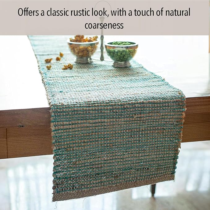 Chardin home Natural Jute Table Runner 13x72 Inch – Vintage Boho Rustic Table Decor – Handwoven Table Runner in Natural Jute and Aqua Turquoise – Farmhouse Dining or Console Table Accent