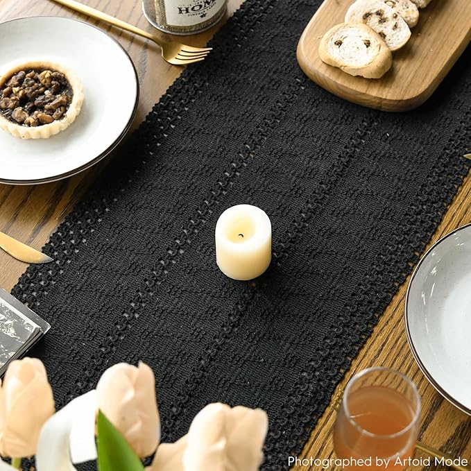 Artoid Mode Black Farmhouse Woven Rustic Hollow Table Runner, Seasonal Holiday Kitchen Dining Table Decoration for Home Party Decor 12x36 Inch