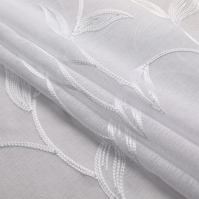 VISIONTEX White Sheer Voile Curtains, Decorative White Embroidery Faux Linen Rod Pocket Window Drapes for Home Kitchen, Living Room and Bedroom 54 x 72 Inch, Set of 2 Curtain Panels