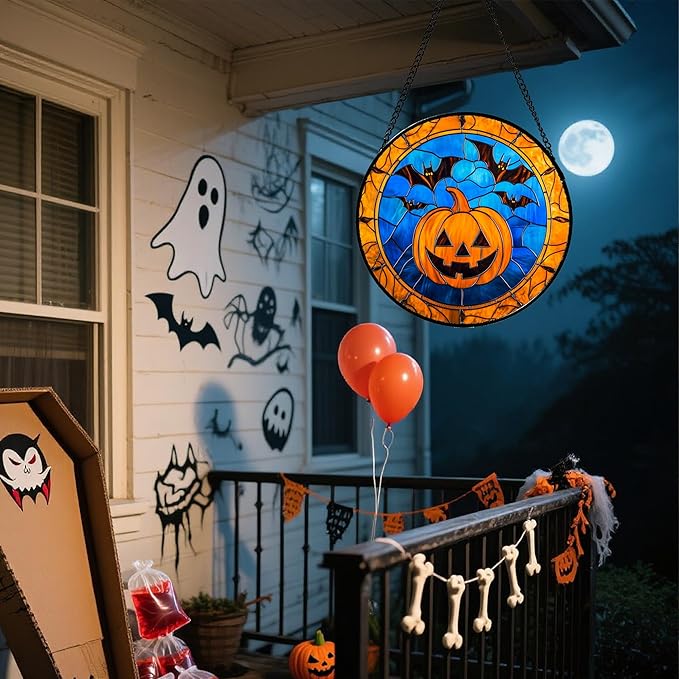 Stained Glass Window Hanging - Halloween Evil Pumpkin Suncatcher for Doors Window Garden Indoor Spooky Brown Bat Sun Catchers Gothic Decor Horror Gifts for Women Men Friend Boy Girl 11.8 in