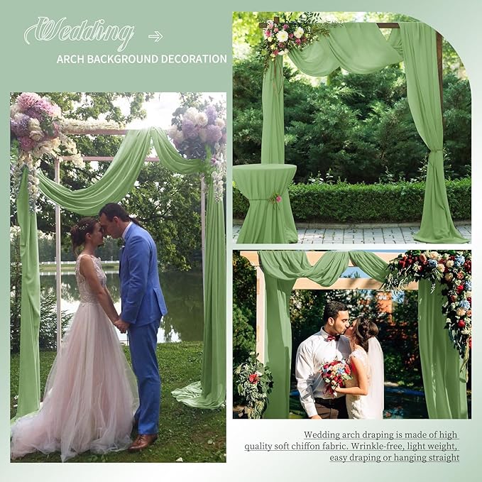 Wedding Arch Drapes, 4 Panels 28" x 20ft Sage Green Sheer Chiffon Curtains for Wedding Ceremony & Reception Party Decoration