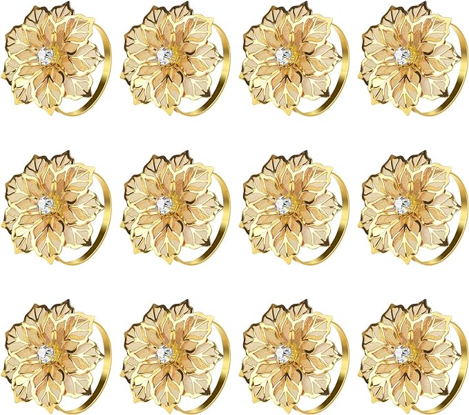 KPOSIYA Set of 20 Napkin Rings, Metal Gold Hollow Out Flower Napkin Ring Holder for Wedding Party Holiday Banquet Christmas Dinner Delicate Serviette Buckles Decor Favor (20, Flower-Gold)