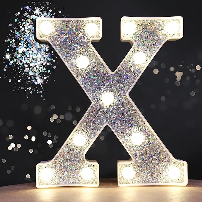 Pooqla Light Up Letters, LED Marquee Letters for Silver Birthday Decorations, Battery Powered Night Light Teenager Girl Room Decor, Gift for Girls Boys Wedding Bedroom Christmas Party Decor, Letter X