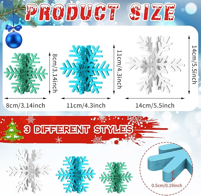 Bucherry 12 Pcs Wooden Snowflake Table Decor 3D Snowflake Tabletop Signs and Centerpiece for Christmas Xmas Winter Wonderland Decorations Home Party(White, Blue, Green)