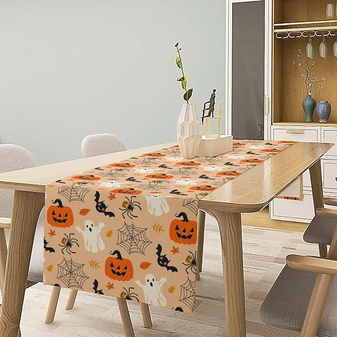 Halloween Table Runner,Cute Ghost Pumpkin Leaves Table Runner for Kitchen Dining Table Decoration Home Party Decor 13x90 Inch