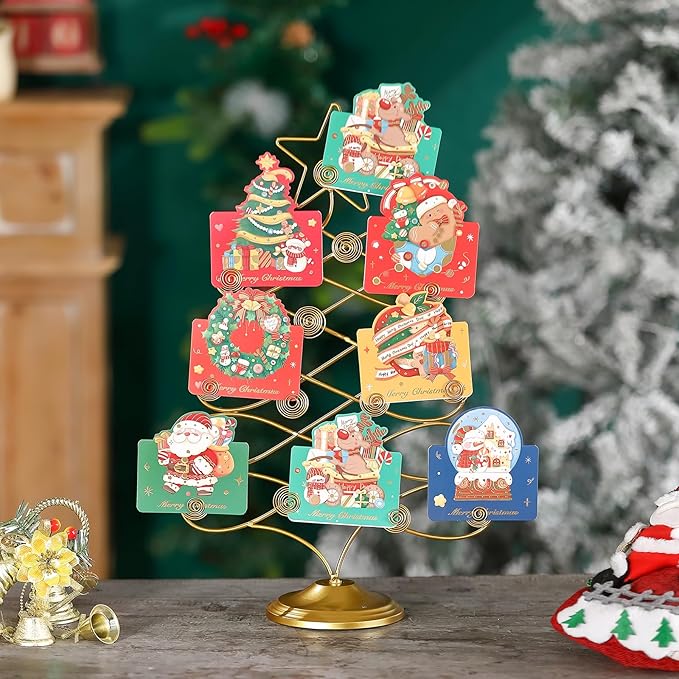 Christmas Tree Card Holder Tabletop, 18 Inch Gold Tree Holiday Card Display Stand, Metal Decorative Cards and Photo Holder Rack, Christmas Display Tree Stand Holds up to 19 Place and Gift Cards