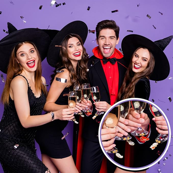 Inbagi 24 Pcs Halloween Wine Glass Charms Halloween Enamel Wine Charms Pendant Pumpkin Witch Hat Broomstick Mummy Castle Glass Markers Drink Identifier for Stem Halloweens Birthday Party Supply