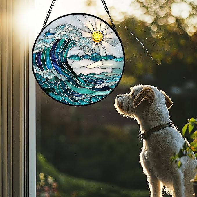Stained Glass Window Hanging - Blue Green Waves Suncatcher for Door Terrace Garden Home Decor Sunrise Over The Sea Sun Catcher Birthday Gifts for Lovers Women Men Dad Mom Nana 15 in