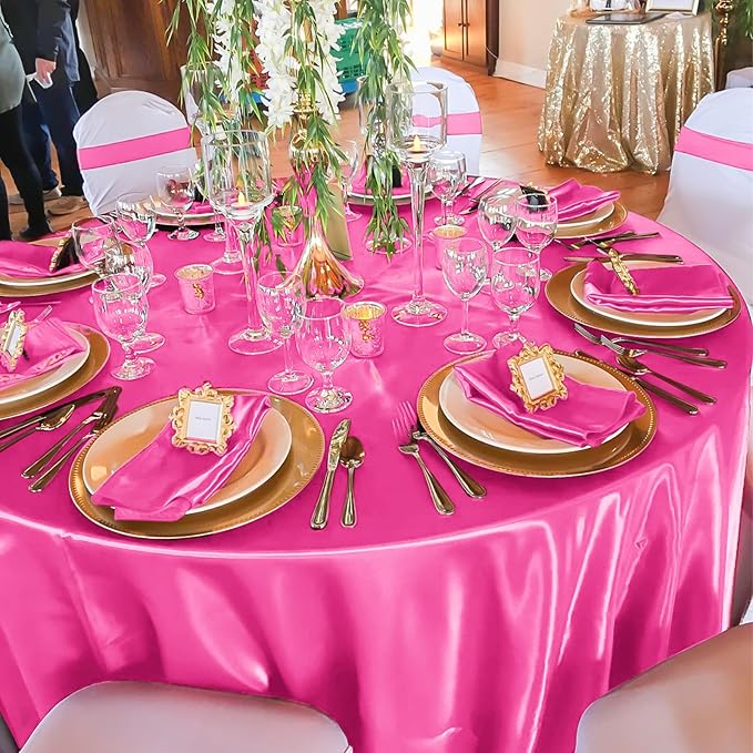 fani 12 Pack 120 Inch Hot Pink Satin Tablecloth - Silky Round Tablecloth Overlay Smooth Fabric Table Cover, Bright Table Decoration for Wedding Party Banquet Events Restaurant Kitchen Dining