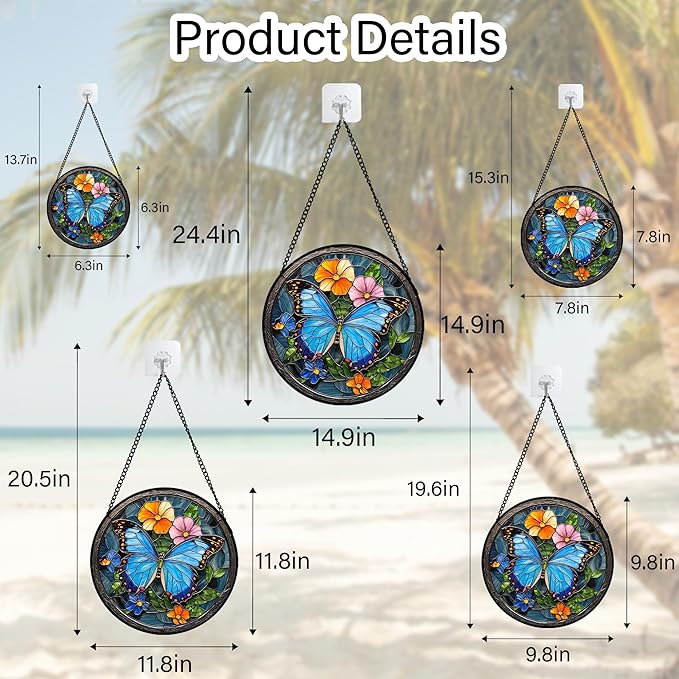 Stained Glass Window Hanging, Blue Butterfly Flower Suncatcher for Doors Home Sun Catchers Decoration and Christmas, Mother's Day Birthday Gifts for Women, Men, and Mom 14.9 in