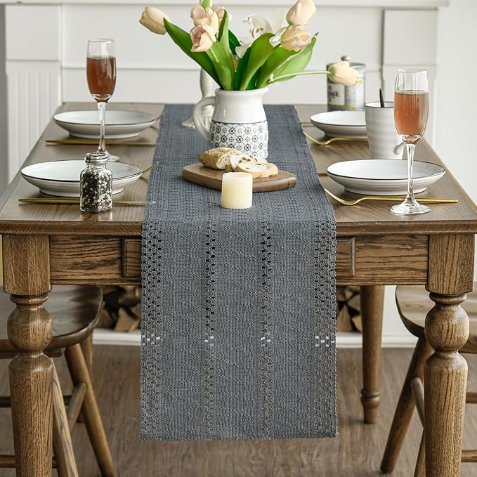 Artoid Mode Dark Grey Farmhouse Woven Rustic Hollow Table Runner, Seasonal Holiday Hollow Kitchen Dining Table Decoration for Home Party Decor 12x60 Inch