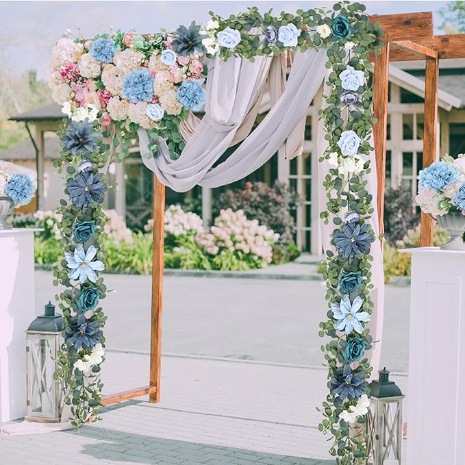 Waipfaru 6.07Ft Artificial Eucalyptus Garland With Flowers - Wedding Table Decorations, Floral Rose for Centerpieces, Backdrop Wall Flower Vines, Room Decor (Dusty Blue)