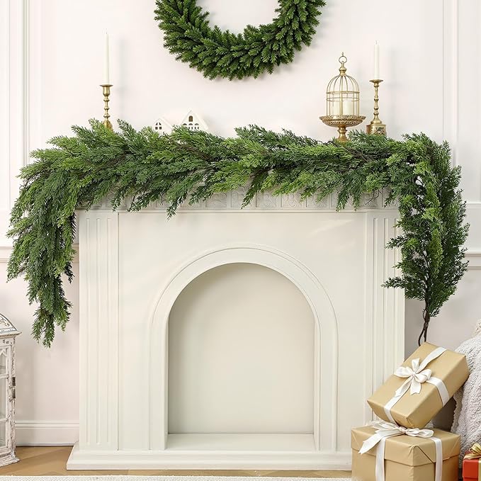 2PCS 9FT Artificial Christmas Garland, Cedar Garland -Real Touch Greenery Cypress Pine Garland for Mantle Table Railing Fireplace Indoor & Outdoor Christmas Decorations