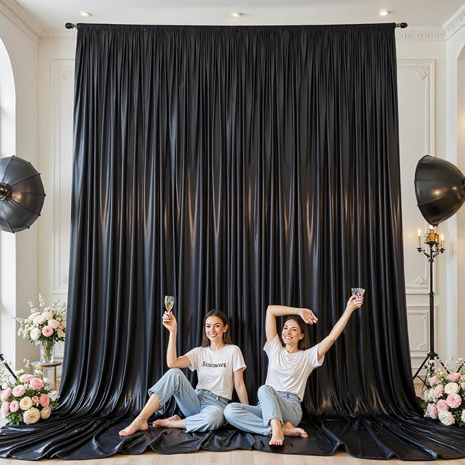 10x10 ft Black Glitter Backdrop Curtain for Parties, Wrinkle Free Satin Photo Backdrop Drapes 2 Panels 5x10FT Shimmer Back Drop Cloth for Wedding Birthday Halloween Photography Background Decor