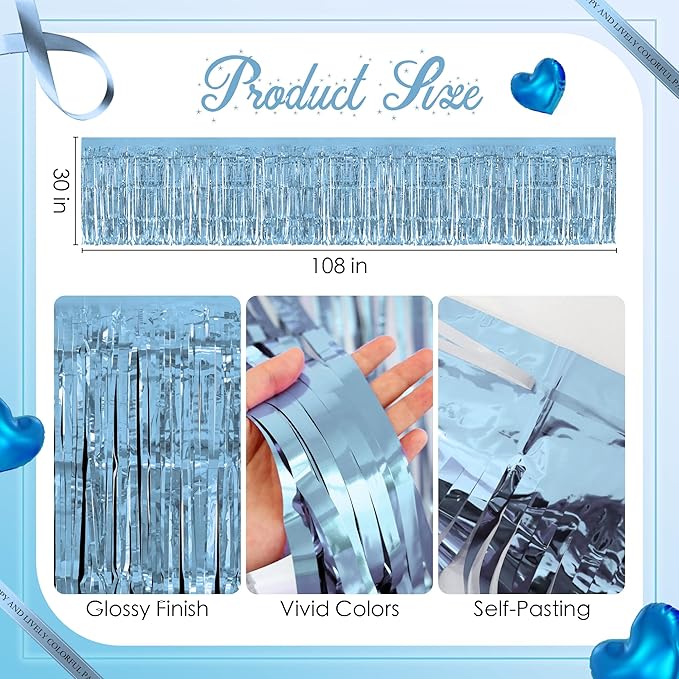 2 Pack Light Blue Lake Blue Table Skirts, 29x108" Metallic Foil Tinsel Fringe Table Skirt for Rectangle Tables Streamer Curtains Backdrop, Party Decorations for Birthdays, Weddings, Holidays