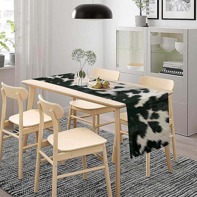 Cow Skin Print Table Runner, Rustic Country Farm Fur Skin Cowhide Pattern Western Style Black White Print Table Runner for Home Kitchen Dinning, 13x108 Inch