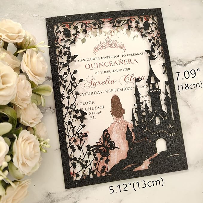20PCS Castle Pocket Invitations, Quinceanera Invitations with Envelopes, Princess Invitation, Laser Cut quince invites (glitter black)