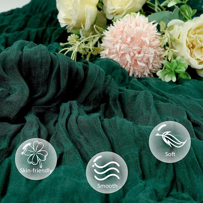 12 Pack Emerald Green Cheesecloth Christmas Table Runner 10ft Boho Gauze Fabric Cheese Cloth Table Runner 35 x 120 Inch Rustic Sheer for Wedding Decor Baby Shower Party Table Centerpiece Decoration