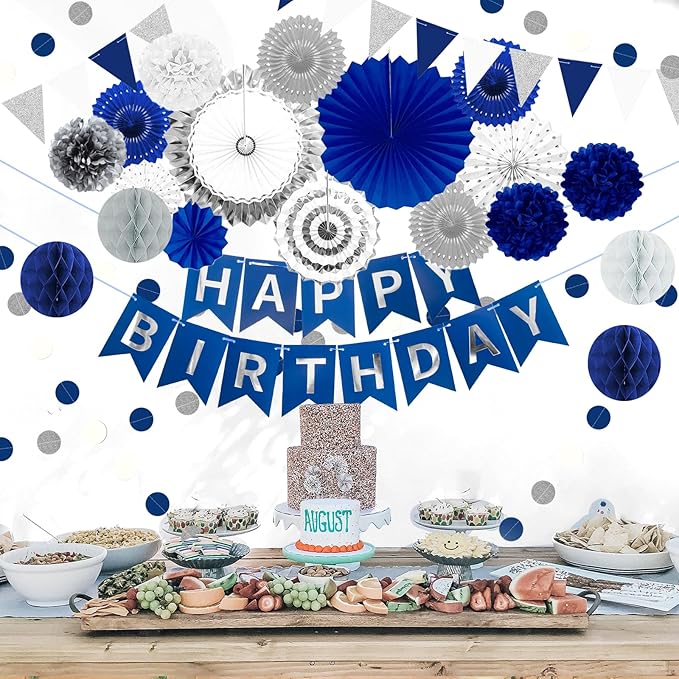 Navy Blue and Silver Happy Birthday Party Decoration 24Pcs Hanging Paper Fans Pom Poms Flowers, Garland String Polka Dot, Happy Birthday Banner for Boy Birthday Baby Shower Blue Birthday Decorations