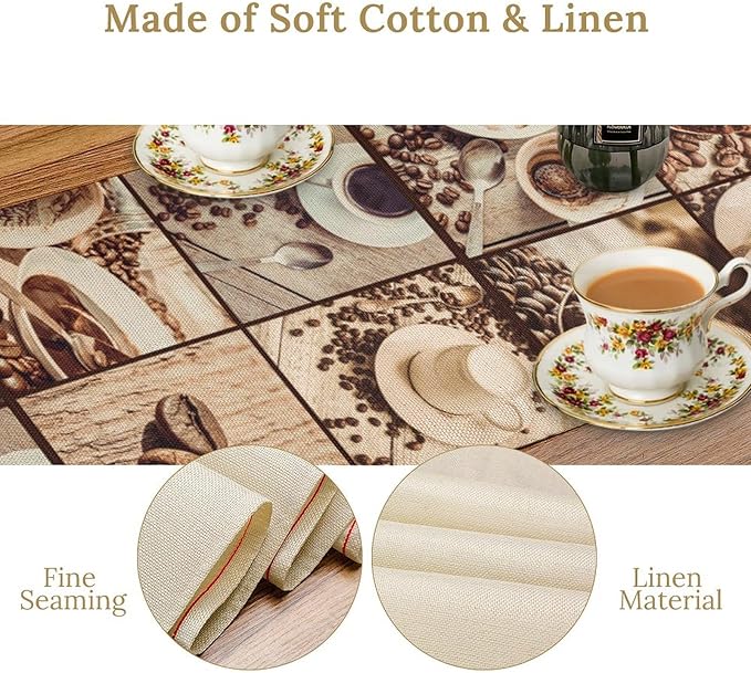 Coffee Theme Table Runner, Rustic Farmhouse Coffee Cup Latte Cappuccino Tea Party Cafe Table Center Decor for Home Kitchen Dining Patio Holiday Party Indoor Outdoor Table Decorations, 13"x108" Inch