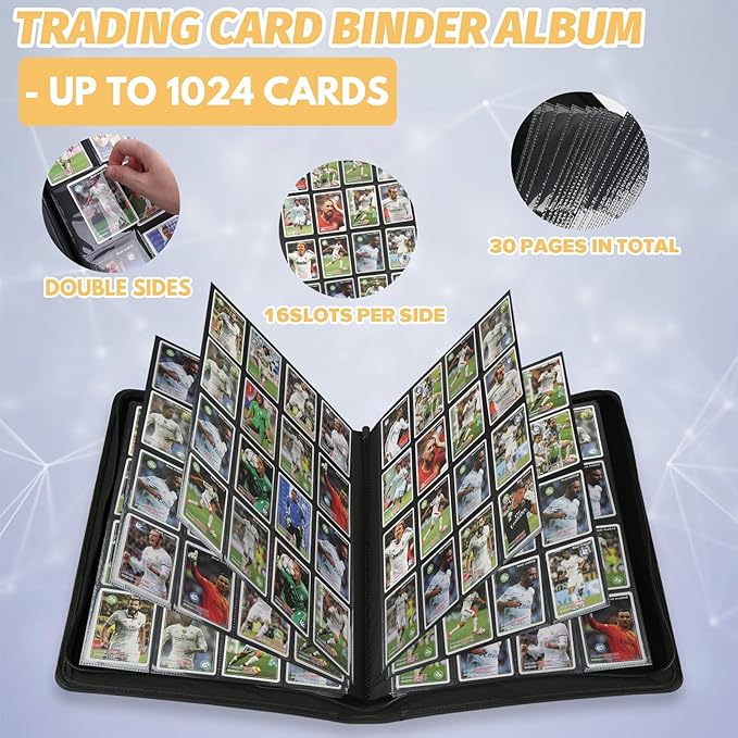 Trading Card Binder 16 Pocket, 1024 Pockets Card Binders, Card Collection Binder, Card Album Folder for MTG, TCG, Sports Cards, Game Cards (Black)