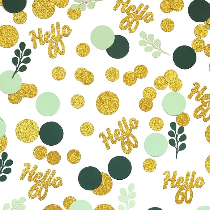 300PC Gold Glitter and Sage Green Happy 60th Birthday Decorations for Men/Woman Greenery 60th Birthday Confetti for Table Sixty Party Decor Supplies