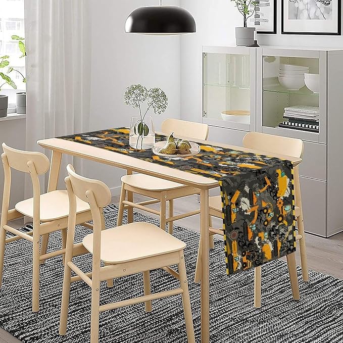 Cartoon Car Table Runner,Boy Kids Construction Yellow Tractor Excavator Tablecloth Burlap for Hotel Indoors Outdoor Dining Room Kitchen Home Decor,W13X L108 in