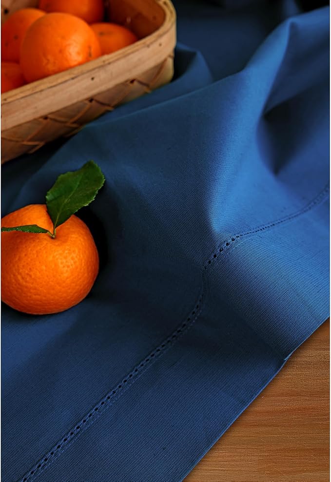Solino Home Cotton Linen Table Runner 60 Inches - Lapis Blue Hemstitch Table Runner 14 x 60 Inch Ideal for Dresser and Coffee Tables - Fall, Autumn, Halloween