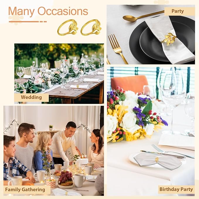 Leaf Napkin Rings Set of 50 Metal Gold Napkin Holder Stylish Fall Napkins Ring Bulk Handicraft Flower Napkins Rings for Family Dinner Wedding Birthday Christmas Thanksgiving Elegant Table Setting-Gold