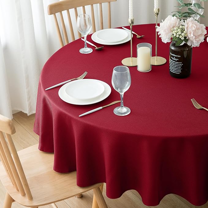 Biscaynebay 2 Pack Textured Fabric Round Tablecloths 60", Red Water Resistant Tableclothes Small Circle Folding Table Covers Linen for Dining, Kitchen, Wedding, Parties etc Machine Washable